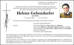 Traueranzeige Helene Gebendorfer
