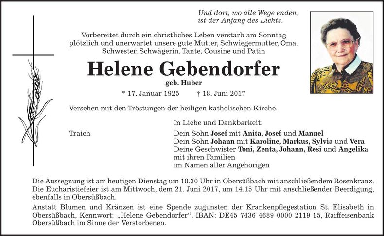 Traueranzeige Helene Gebendorfer