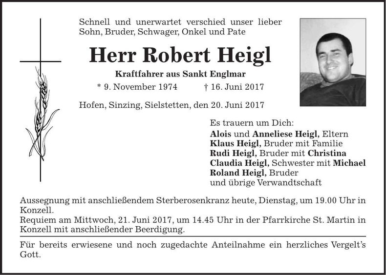 Traueranzeige Robert Heigl