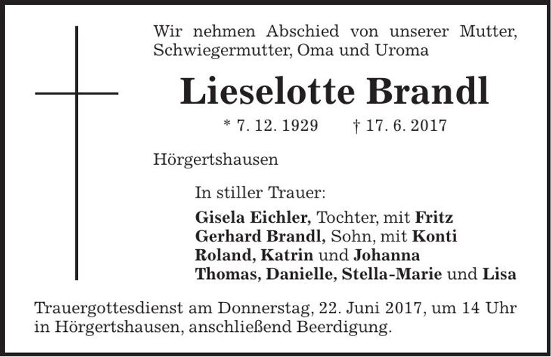 Traueranzeige Lieselotte Brandl