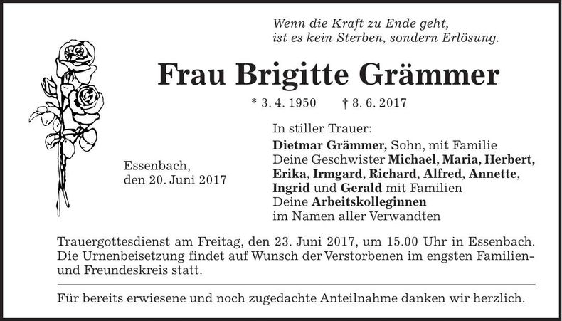 Traueranzeige Brigitte Grämmer