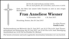 Traueranzeige Anneliese Wiesner
