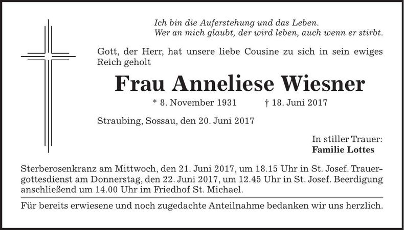 Traueranzeige Anneliese Wiesner