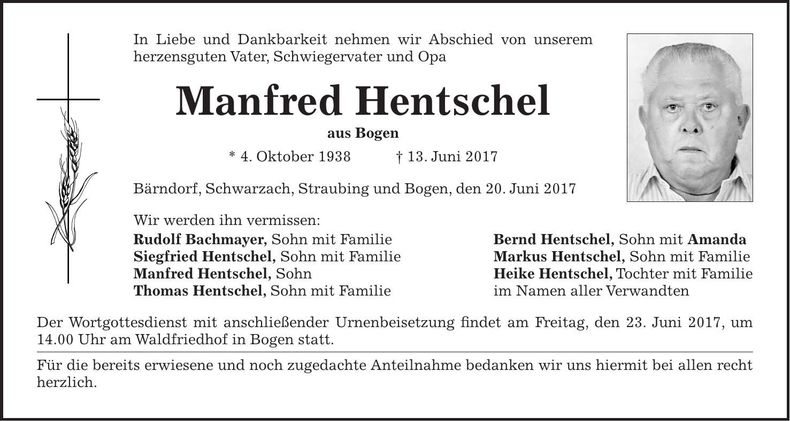 Traueranzeige Manfred Hentschel