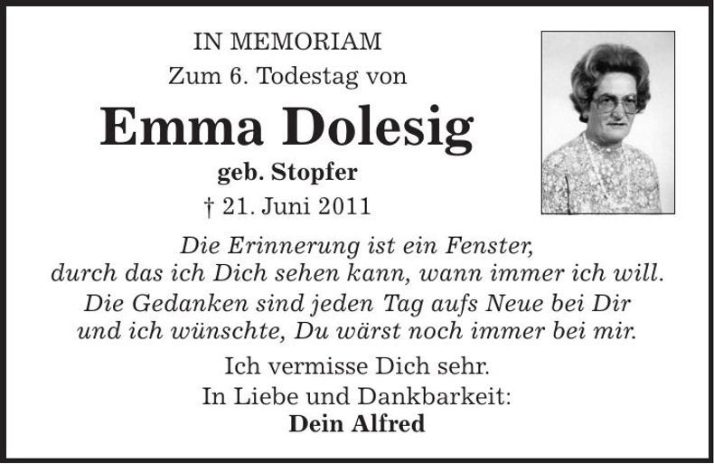 Traueranzeige Emma Dolesig