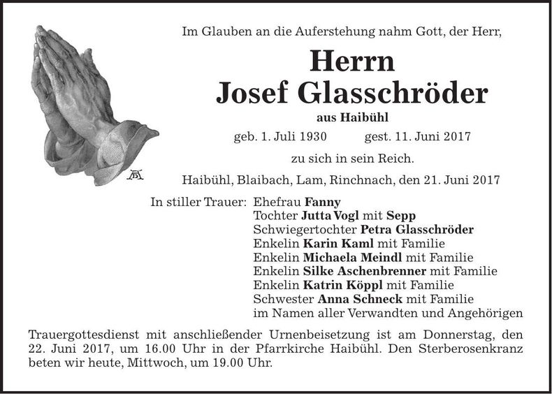 Traueranzeige Josef Glasschröder