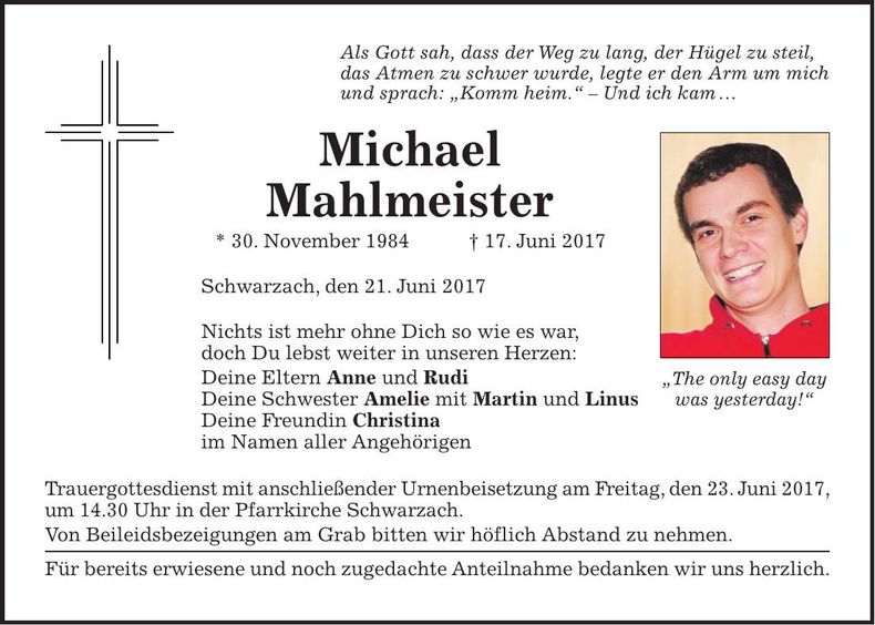 Traueranzeige Michael Mahlmeister