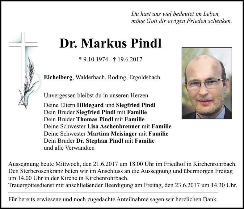 Traueranzeige Markus Dr. Pindl