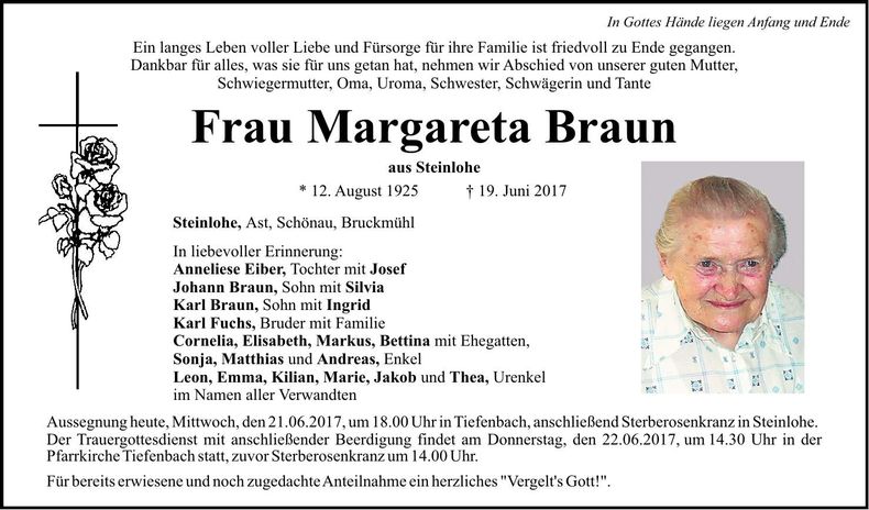 Traueranzeige Margareta Braun