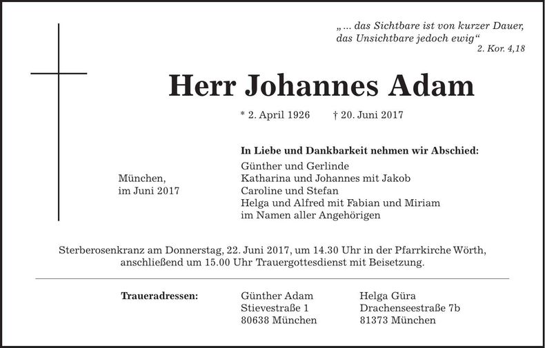Traueranzeige Johannes Adam