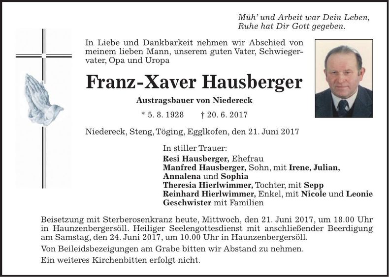 Traueranzeige Franz-Xaver Hausberger