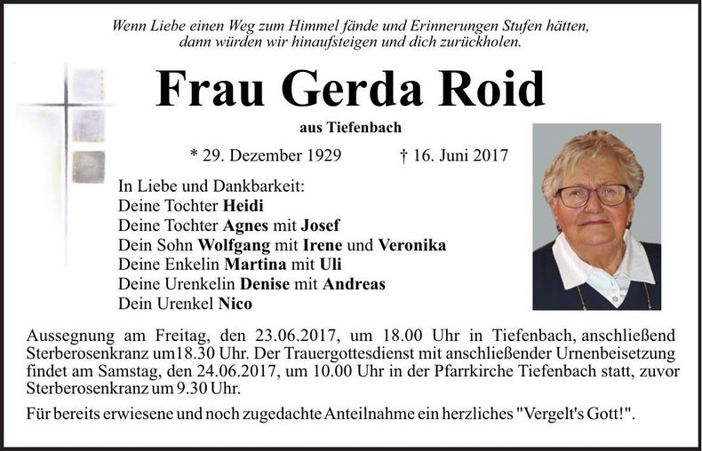 Traueranzeige Gerda Roid