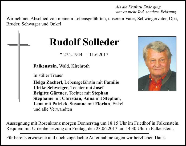 Traueranzeige Rudolf Solleder