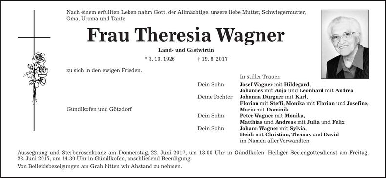 Traueranzeige Theresia Wagner
