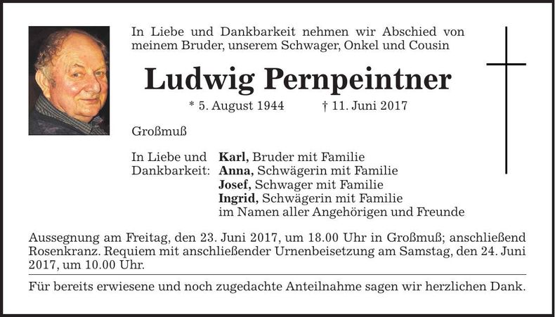 Traueranzeige Ludwig Pernpeintner