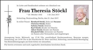 Traueranzeige Theresia Stöckl