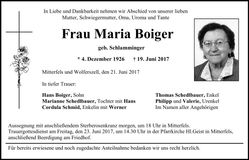 Traueranzeige Maria Boiger