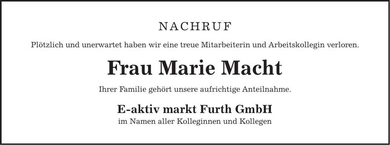 Traueranzeige Marie Macht