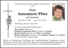 Traueranzeige Annemarie Plötz