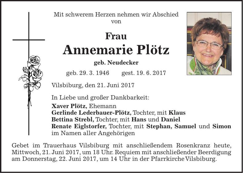 Traueranzeige Annemarie Plötz