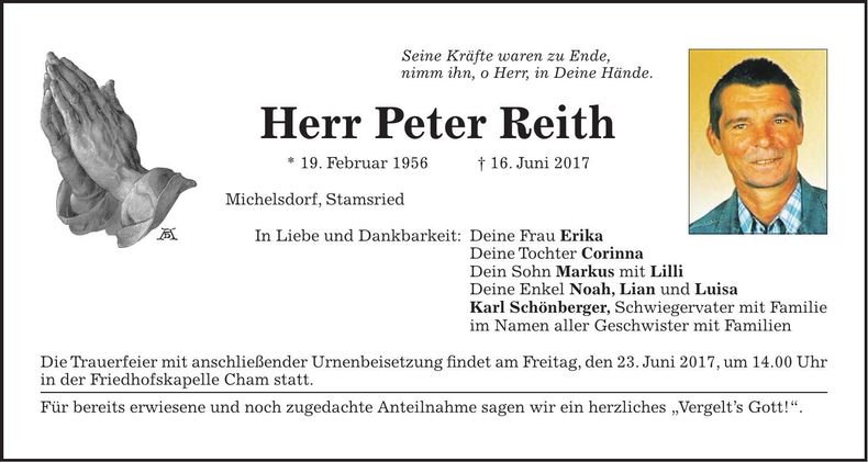 Traueranzeige Peter Reith