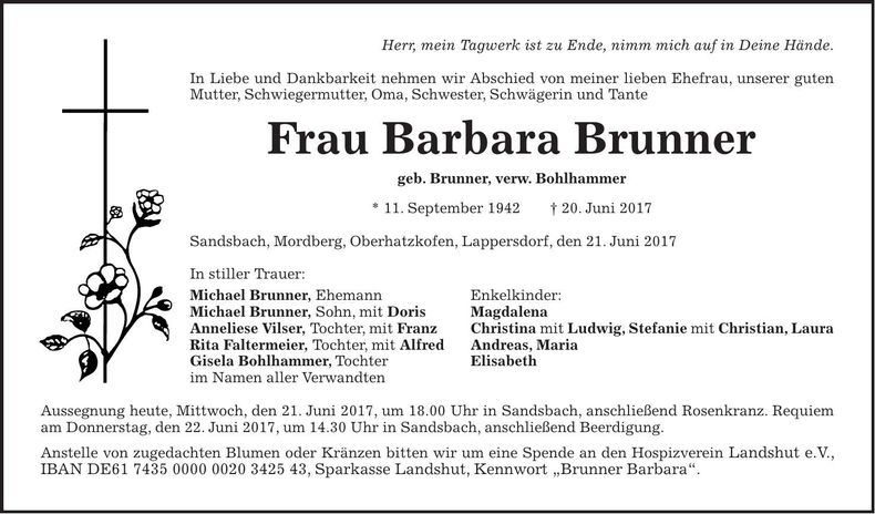 Traueranzeige Barbara Brunner