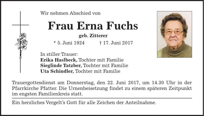 Traueranzeige Erna Fuchs