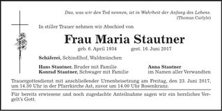 Traueranzeige Maria Stautner