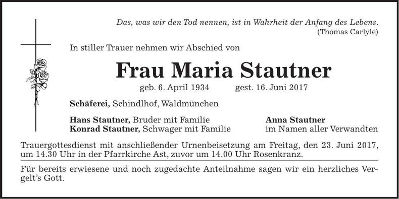 Traueranzeige Maria Stautner