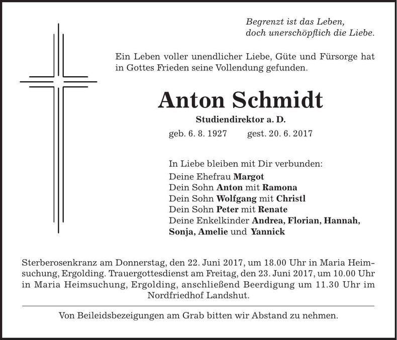 Traueranzeige Anton Schmidt