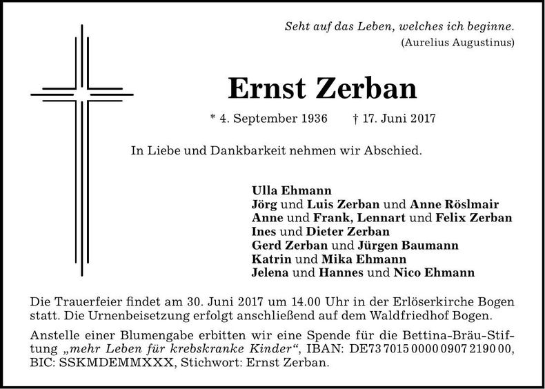 Traueranzeige Ernst Zerban