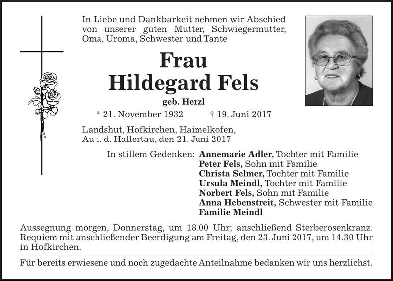 Traueranzeige Hildegard Fels