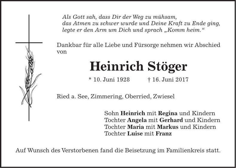 Traueranzeige Heinrich Stöger