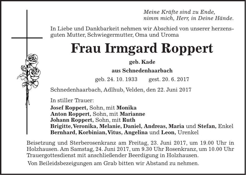Traueranzeige Irmgard Roppert