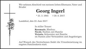 Traueranzeige Georg Ingerl