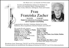 Traueranzeige Franziska Zacher