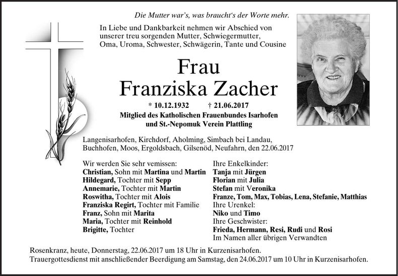 Traueranzeige Franziska Zacher