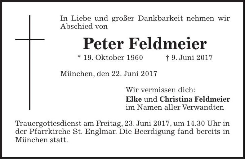 Traueranzeige Peter Feldmeier