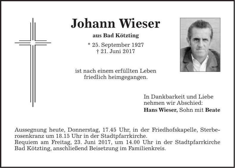 Traueranzeige Johann Wieser