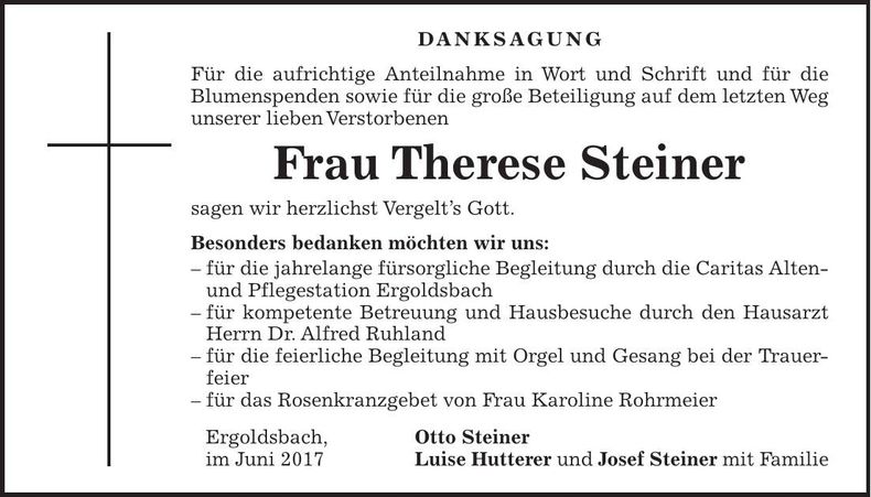 Traueranzeige Therese Steiner