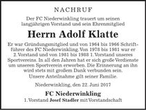 Traueranzeige Adolf Klatte
