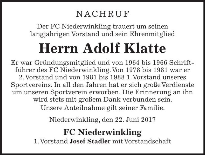 Traueranzeige Adolf Klatte