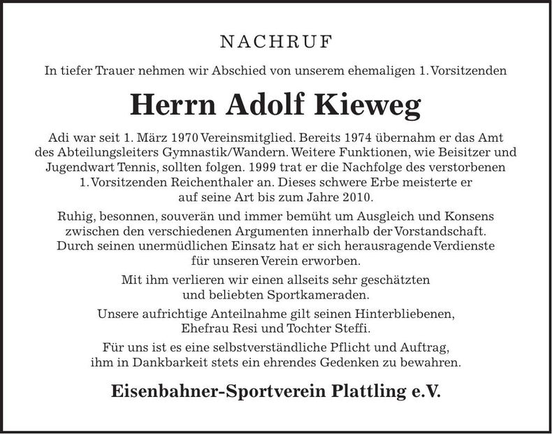 Traueranzeige Adolf Kieweg