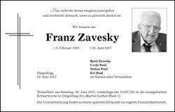 Traueranzeige Franz Zavesky