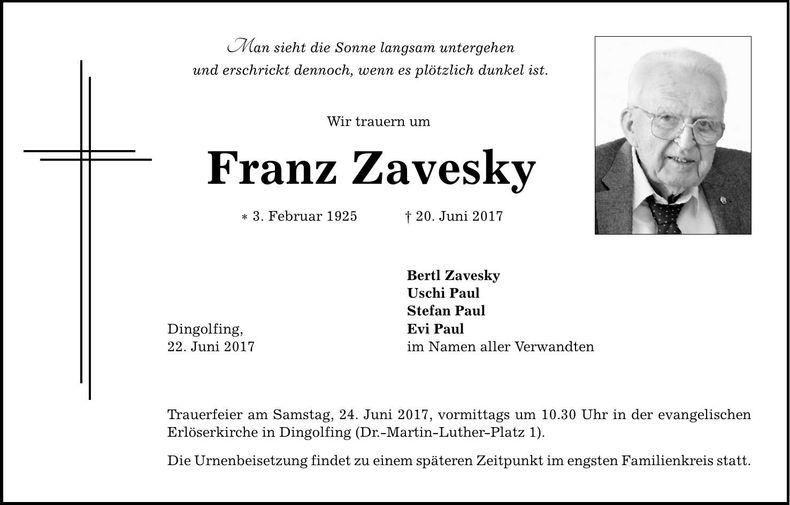 Traueranzeige Franz Zavesky