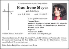 Traueranzeige Irene Meyer
