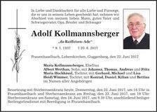 Traueranzeige Adolf Kollmannsberger