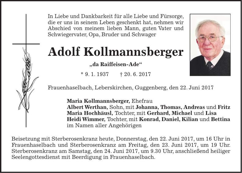 Traueranzeige Adolf Kollmannsberger