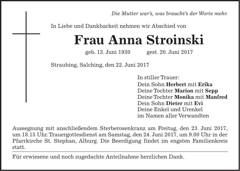 Traueranzeige Anna Stroinski