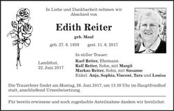 Traueranzeige Edith Reiter